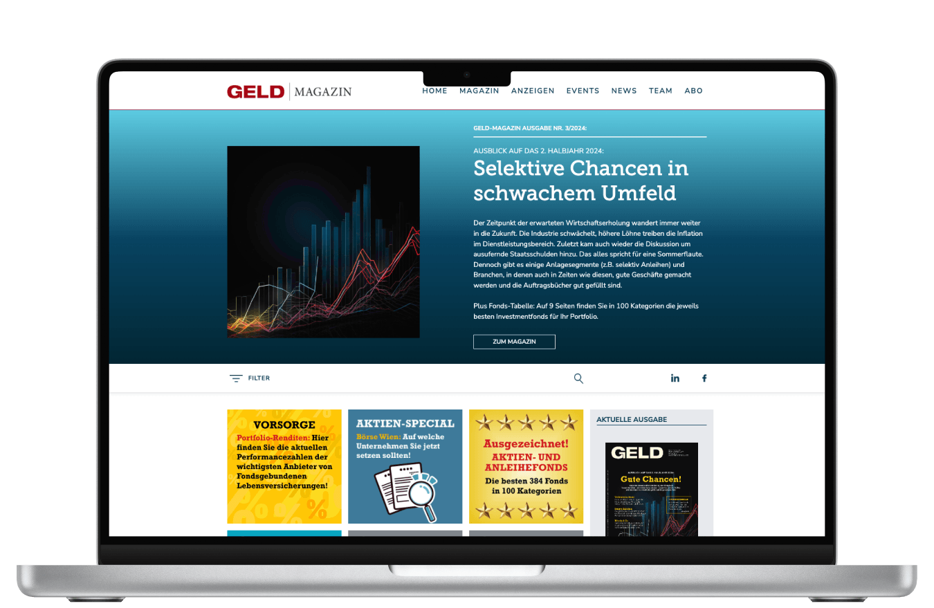 MacBook showing the home screen of the Geld Magazin website