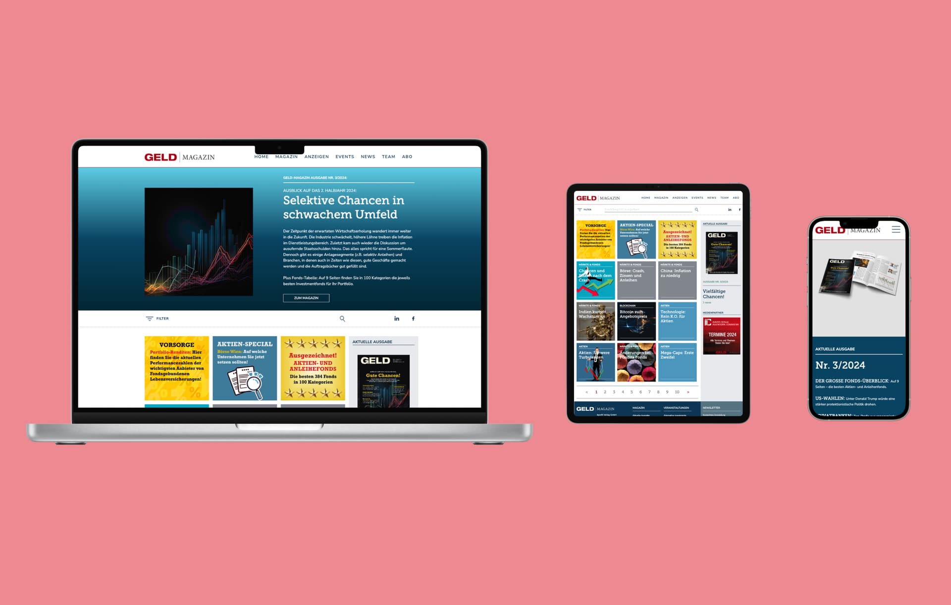 A MacBook, an iPad and an iPhone showing different views of the Geld Magazin website