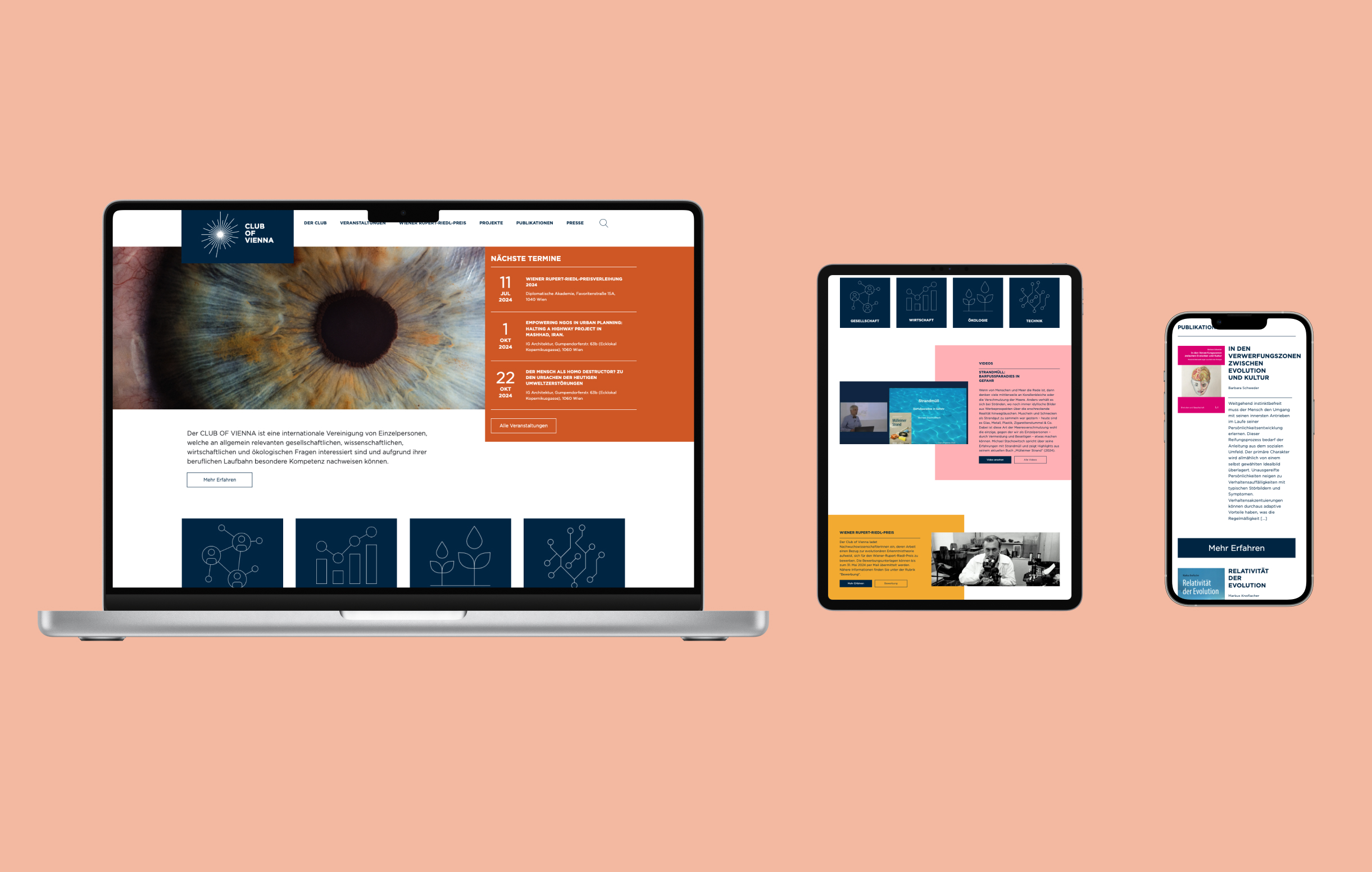 A MacBook, an iPad and an iPhone showing different views of the Club Of Vienna website