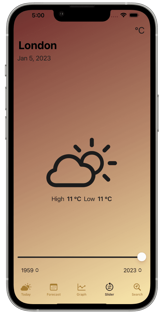 iPhone showing the a screen with a slider from 1959 to 2023 and minimalistic location based weather data of London