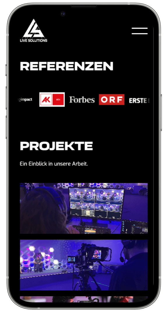 iPhone showing the references and projects section on the Live Solutions website