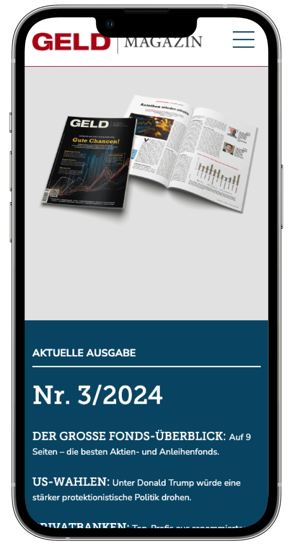 iPhone showing the current issue page on the Geld Magazin website